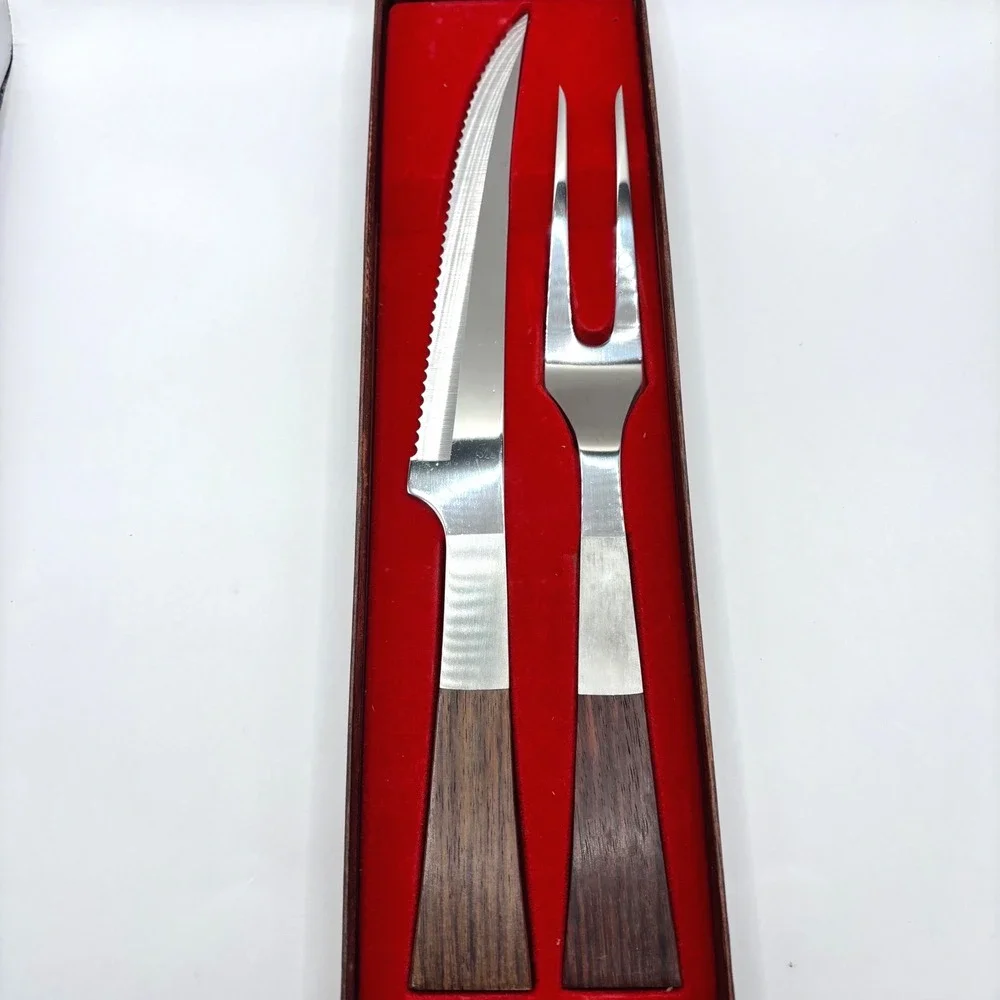 VTG Burnco Stainless Steel Japan Carving Set Rosewood Handles Knife Fork Boxed